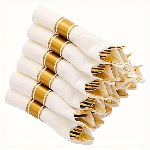 Juego de 48 cubiertos reutilizables de plástico con servilletas doradas, plateadas y oro rosa, tenedores, cucharas para bodas, cumpleaños y fiestas