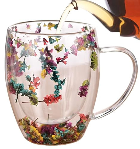 ETUCYNG Fleurs Tasse en Verre à Double Couche, Tasse à Café avec Fleurs Séchées, Verres à Double Paroi, Verres à Double Paroi, Verres Latte, pour Thé, Thé glacé, Iced Americano, Lait, Jus