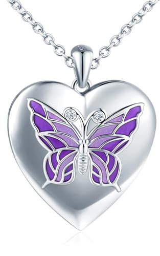 MICMIF Foto Kette Herz Medaillon Schmetterling Damen Silber 925 Halskette Personalisierte für Frauen Mädchen Amulett Medaillon zum Öffnen für 2 Bilder Anhänger mit Kette 45+5cm
