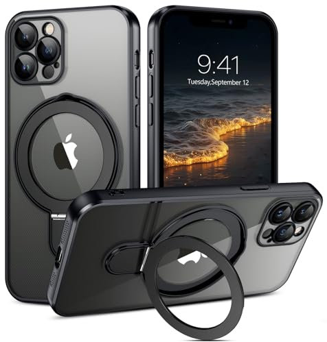BENTOBEN Magnetic Case for iPhone 12 Pro Max [Compatible with MagSafe], Invisible Ring Stand Clear Back Anti-yellow Plating Edge Military Grade Protection Shockproof Case for iPhone 12 Pro Max, Black