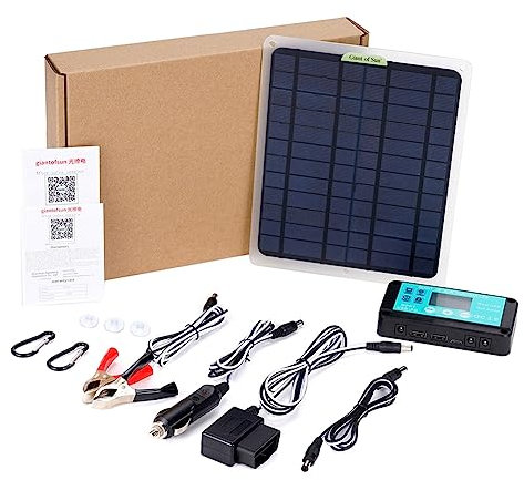 Lonrtesw 20W Panel Solar 12V 10A Controlador de BateríA Cargador de Coche Suministro de BateríA Exterior para BateríA de VehíCulo con Enchufe OBD