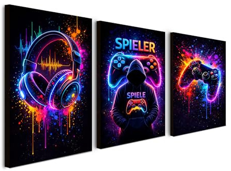 Alptiny Set 3er Leinwandbild Gaming mit Rahmen – 30x40 cm Bilder, Wanddeko für Wohnzimmer und Spielzimmer, Mit Klettverschluss und Haken