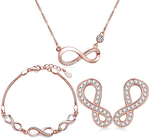 Yumilok Roségold 925 Sterling Silber Zirkonia Unendlichkeit Zeichen Charm Armband Halskette Ohrstecker Schmuck Set Armkette Kette Ohrringe Set für Damen Mädchen