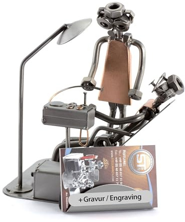 Steelman24 Schraubenmännchen Zahnarzt mit Kartenhalter mit Gravur | Made in Germany,Handarbeit,Geschenkidee,Stahlfigur,Metallfigur