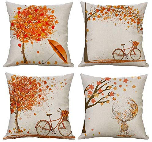 Gspirit 4 Stück Kissenbezug Herbst Ahornblatt Muster Dekorative Kissenhülle Baumwolle Leinen Werfen Sie Kissenbezüge 45x45 cm