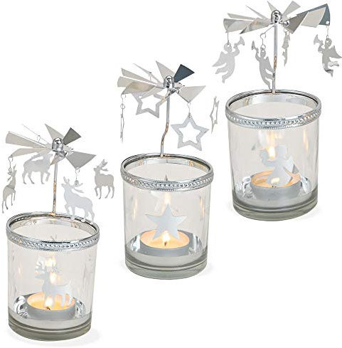 matches21 Windlichter Kerzengläser Teelichtgläser mit Karussell rotierend Mobile Silber Metall Glas 3er-Set sort Ø 8x7 cm