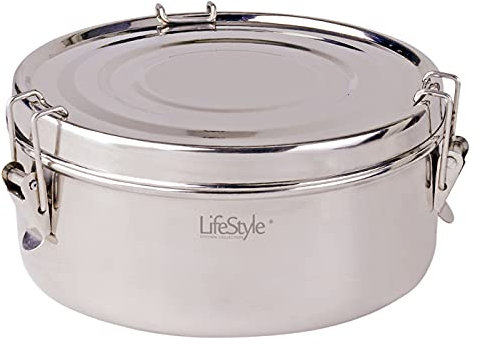 Fiambrera de acero inoxidable, de 16 cm diámetro y 10 cm de altura con 2 platos. Recipiente para almacenar comida de inox con 2 platos incluidos.