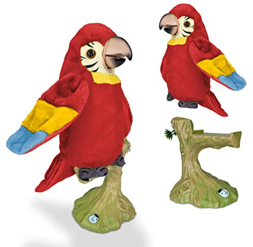Oramics Sprechender singender Tanzender Papagei WILLI 21cm hoch mit AST Ständer 12cm - nachsprechendes Laber Plauder Tier Plüschtier Stofftier mit Aufnahme & Wiedergabefunktion Batteriebetrieb (Rot)