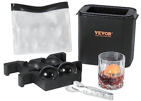 VEVOR Cubiteras para Hielo Redondo 2 Esferas de 6cm Fácil de Sacar Molde de Silicona Alimentaria para Cubitos de Hielo con Bolsa para Congelador y Pinzas para Bebidas Vino Cócteles Whisky Café Fiestas