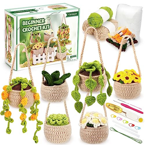Karsspor Kit all'uncinetto per principianti, kit all'uncinetto, 6 pezzi con piante in vaso da appendere, kit all'uncinetto per adulti e amanti, kit per lavoro a maglia con video tutorial passo dopo