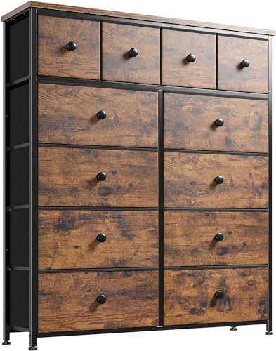EnHomee Chest of Drawers, 5-Tier 12 Drawers, Tall Chest of Drawers Bedroom, Dressers Fabric Drawers for Bedroom Storage Living Rooms, Closets, Rustic Brown