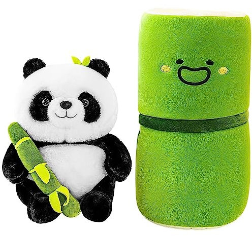 Trayosin Kuscheltier Panda Plüschtier Flauschige weicher Panda Puppe mit Bambus Plüsch Panda versteckt Sich in Bambusbeutelspielzeug Kissen Plüsch Spielzeug Für Kinder/Erwachsene (25cm)