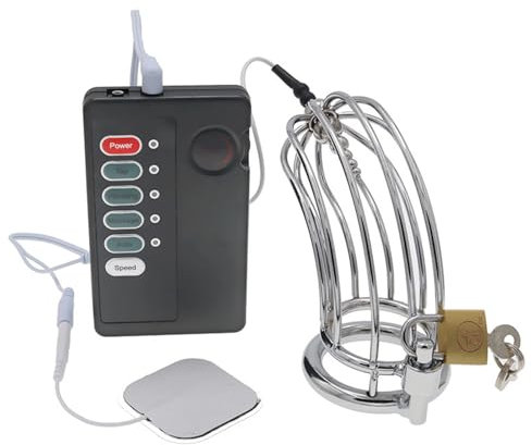 Elektro Schock Edelstahl Chastity Cage Cock Ringe Set mit Perlen Harnröhren Dilatatoren Penisplug und 1 * Massage Pad Elektrische Stimulation Peniskäfig Keuschheitsgürtel SM Sex Toys,Silber,M