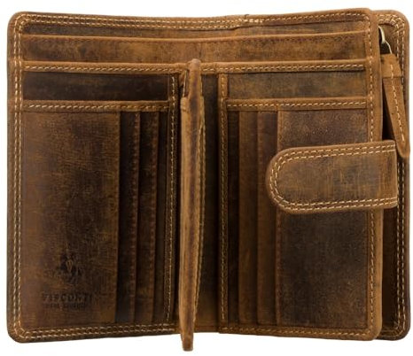 VISCONTI Leder Damen Portemonnaie - RFID Schutz Damen Geldbeutel - M 9 x 13,5 cm - Geldbörse mit Druckknopf für zusätzliche Sicherheit Bifold Portmonee mit Geschenk-Box 'Rainbow' - Braun
