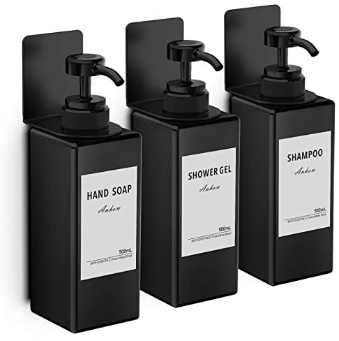 Anhow 3 Pezzi Dispenser Sapone Bagno, Dispenser Doccia Muro 500 ml Senza Forare Sapone con Etichetta per Bagno Doccia Cucina Shampoo e Bagnoschiuma - Nero