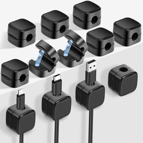 12 Pack Cord Organizer Holder, URAQT Magnetic Desk Cable Clip Management, Srong Adhesive Desk Cable Tidy Hide Phone Charging Cable Keeper, Magnetic Cable Organiser for Home Office Desk, Black