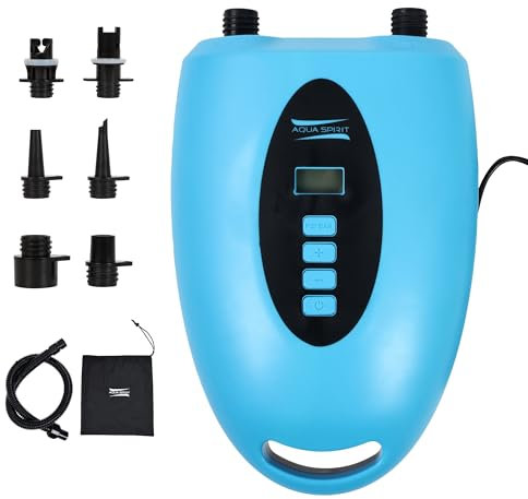 Aqua Spirit Electric SUP Pump Dual Motor with LCD Screen, 20 PSI Max Pressure, Automatic Stop, Compact Design, 6 Nozzles, Drawstring Bag - Ideal for Inflating Paddle Boards, Kayak, Boats and more