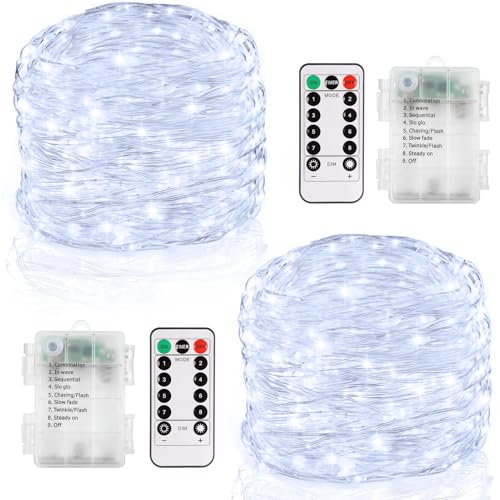 CCILAND 2 Stück Lichterkette Außen Batterie, 12M 120 LED Lichterketten mit timer und Fernbedienung, Wasserdicht Mini Lichterkette mit Batterie für Zimmer Garten Weihnachten Hochzeit Deko (Weiß)
