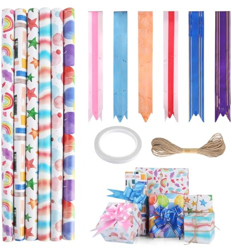 6 Pièces Papier Cadeau Anniversaire, Coloré Papier Emballage Cadeau avec 6 Noeuds, 2 Cordes Et 1 Adhésif Double Face, 50 * 70 cm Papier Anniversaire D'Emballage pour Fêtte des Mères Mariage Festivals
