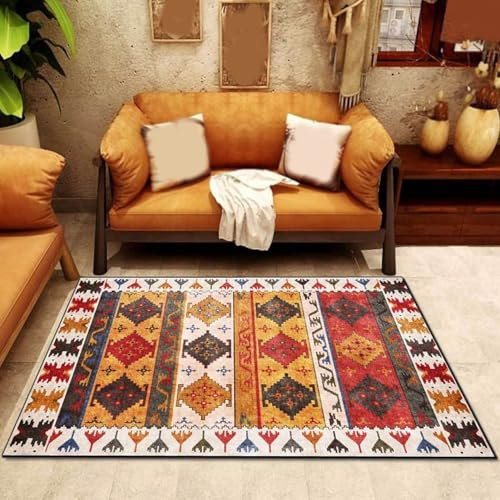 VARIKASHOM Teppich Deko Quadratisch,Orange,80 x 80 cm, Rot Orange Blau Gelb Geometrische Dekoration Vintage,Waschbarer Teppiche für Schlafzimmer, Küche, Badezimmer, Fußmatte