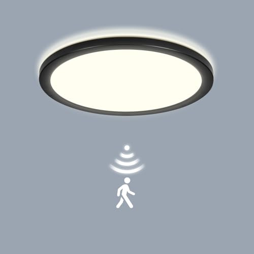 LEZOE LED Deckenleuchte mit Bewegungsmelder Dimmbar, 18W 2000LM Radar Deckenlampe Dimmbar Fernbedienung, 3000K/4500K/6500K Sensorlampe Für Bad, Garage, Treppen, Keller, Balkon, Diele 22CM Schwarz