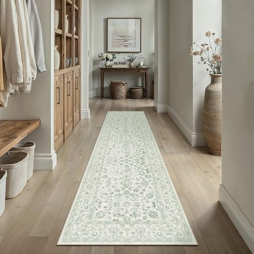 PureCozy Waschbarer LäUfer Flur Teppich 60x240cm Vintage kurzflor rutschfest Weich Blumenmuster Teppiche für Küchen Hallway Bettvorleger Wohnzimmer Schlafzimmer Carpet, Grün