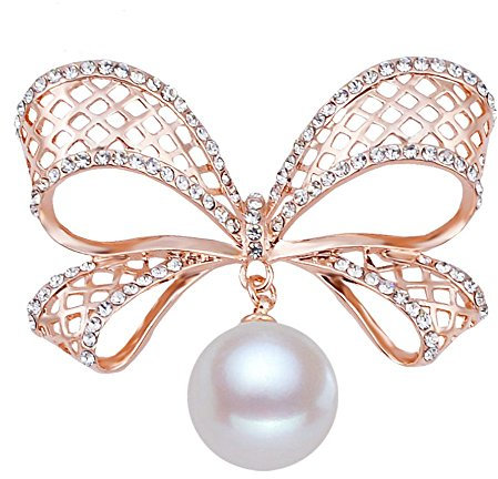 Belons Broche en forme de nœud en or rose avec perles et strass pour mariage, banquet, bouquet pour femmes et filles, Métal, Perle