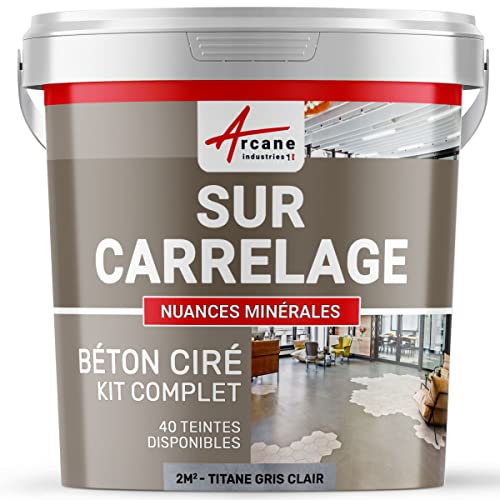 Béton ciré sur carrelage, cuisine, salle de bain, mural, sol, plan de travail, décoratif, revêtement, douche, kit - 2 m² (en 2 couches) Titane Gris Clair - ARCANE INDUSTRIES