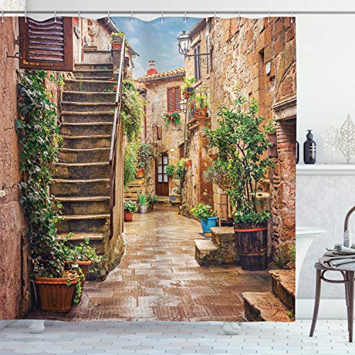 ABAKUHAUS Italien Duschvorhang, Old Stone Street Häuser, Stoffliches Gewebe Badezimmerdekorationsset mit Haken, 175 x 200 cm, Mehrfarbig