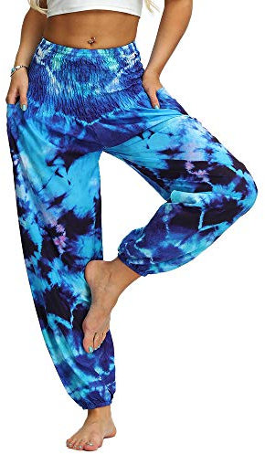 Nuofengkudu Women's Hippie Baggy Harem Trousers Smocked High Waist Soft Bohemian Print Colourful Yoga Pants with Pockets Lightweight Flowy Travel Holiday Beachwear (Blue A,One Size)