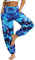 Nuofengkudu Damen Hippie Yogahosen Haremshosen mit Taschen Leichte Boho Muster Bunt High Waist Pumphose Sommer Lockere Strandhose (Blau A,One Size)