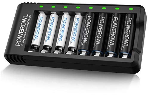 Powerowl - Batterie ricaricabili AA e AAA con Caricabatterie, 4 pezzi AA 2800 mAh e 4 pezzi AAA 1000 mAh Batterie Ni-MH con Caricatore a 8 slot (Ricarica Rapida USB, slot Indipendente)