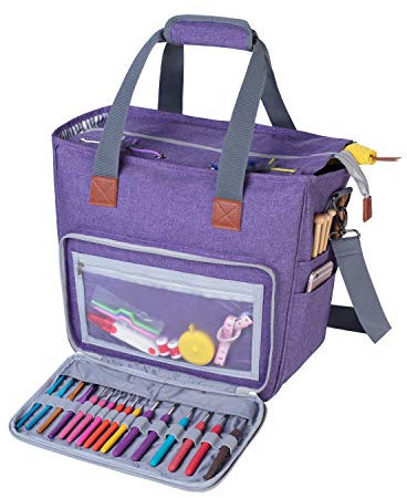 Luxja Stricktasche mit Schultergurt, Garn Tasche, Handarbeitstasche Aufbewahrung für Wolle, Projekte, Stricknadeln, Häkelnadeln und andere Zubehörs, Lila