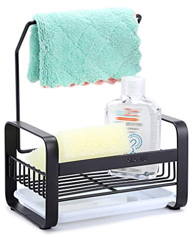 IGNPION Kitchen Sink Caddy Organizer Stainless Steel Sponge Holder Brush Soap Drainer Rack Dishrag Dishcloth Holder Rack with Plastic Drain Tray(Small,Black)
