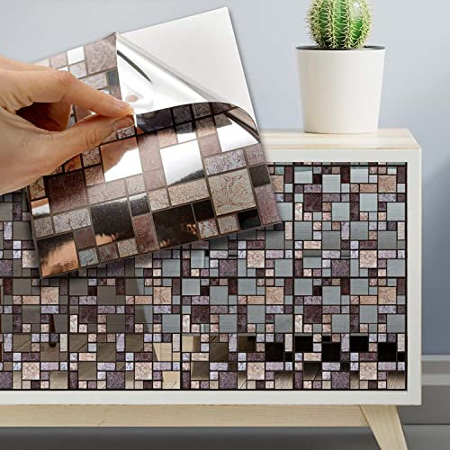 WALPLUS 15cm(6)@24pcs Metallic Silver Brown Stone Mosaic Wall Tile Sticker Tile Paint Stick on Tiles Peel and Stick Self Adhesive Wall Tiles Stickers for Kitchen Bathroom Tile Transfer Backsplash