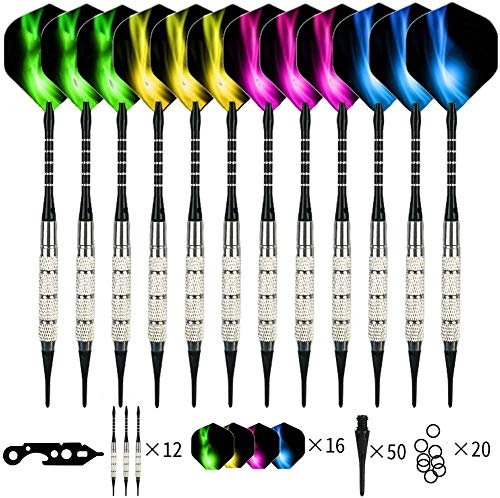 Dartpfeile mit Kunststoffspitze, Dart Pfeile Soft Set für Elektronische Dartscheibe, 12 Stück dartpfeile Plastik 18 Gramm Aluminium Schaft, 50 Dartspitzen 20 Gummiringen und Werkzeug