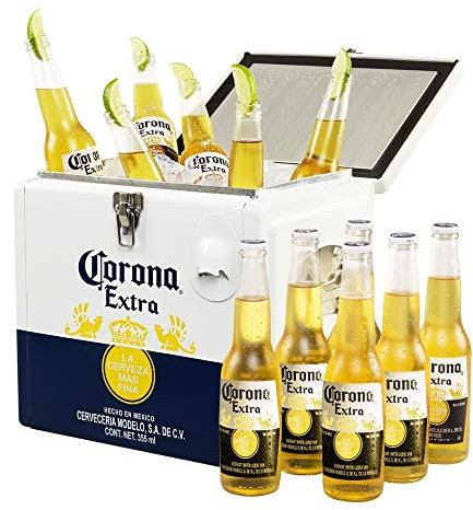 Corona Extra Coolbox - Kühltruhe mit 12 Flaschen internationales Premium Lagerbier, Geschenkpack, MEHRWEG Lager Bier Helles, Sortenreines Paket(12 x 0.355 l)