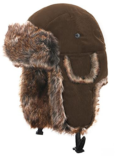 Heavyoff Unisex Fliegermütze Kunstfell Wintermütze mit Ohrenklappen Warme Cord Fellmütze Khaki XXL