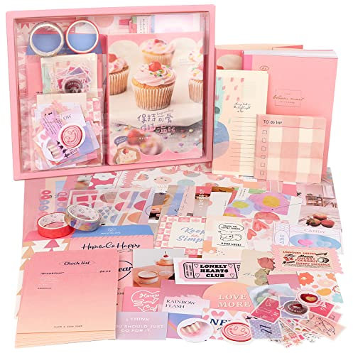 Draupnir 344 Stück Rosa Kawaii Ästhetisches Zubehör Set, Bullet Journal Kit Mit Scrapbook Zubehör, A6 Raster Notizbuch, DIY Geschenk für Teenager Mädchen - Süß