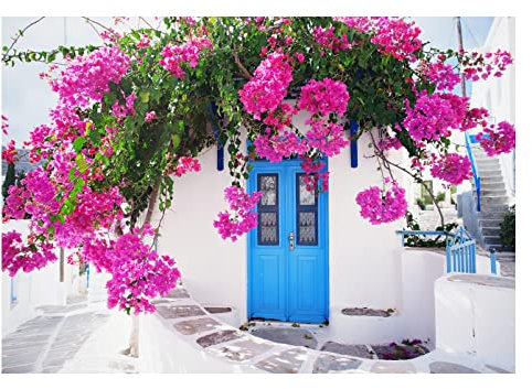 Vlies Fototapete Gasse Griechenland Blumen inkl. Kleister Wohnzimmer Schlafzimmer Modern Motivtapeten Wandtapete Tapete Vliestapete UV-Beständig Montagefertig (208x146 cm - 4 Bahnen)