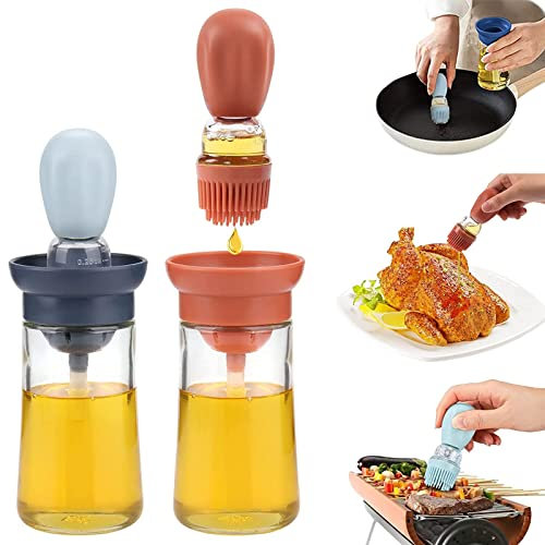 SAMSYOKI 2pcs 180ml Botella de Aceite con Cepillo de Silicona, 2 en 1 Botella dispensadora de Aceite con brocha Botella de Aceite de Cristal para cocinar/Hornear/BBQ/repostería (Azul + Rojo)