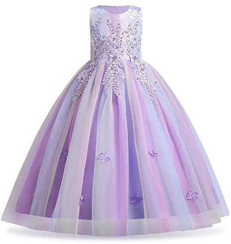 IWEMKE Enfants Filles Robe Mariage Tulle Dentelle Robe Princesse Longue Fleur Brodée Soirée Demoiselle d'honneur Robe Tutu sans Manches pour Pageant Baptême Fête Carnaval Violet Coloré 9-10 Ans