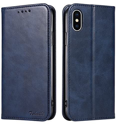 TOHULLE for iPhone X iPhone XS Case, Premium PU Leather Wallet Case with Card Holder Kickstand Built-in Magnetic Closure Flip Folio Phone Cover for iPhone X/XS - Blue