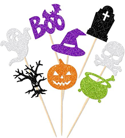 24Pack Glitter Halloween Cupcake Toppers Decoration Set Halloween Cake Decor Toothpick Flags for Happy Boo Day Themed Party Decorations