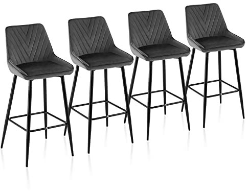 TUKAILAi Lot de 4 Tabouret de Bar Haut Design V, Chaise Haute avec Dossier et Repose-Pieds, Siège de Bar Rembourrée en Velours Industriel Moderne pour Bar Bistro Cuisine Cadeau (Gris)