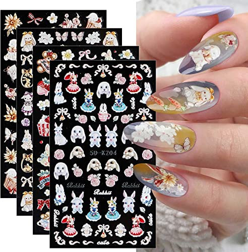 JMEOWIO 3D Nagelsticker Ostern Nail Art Sticker Selbstklebend Nagelaufkleber 5D Stereoskopisch Ostern Kaninchen Süßes Ei Dekoration Nageldesign Zubehör 4 Blatt