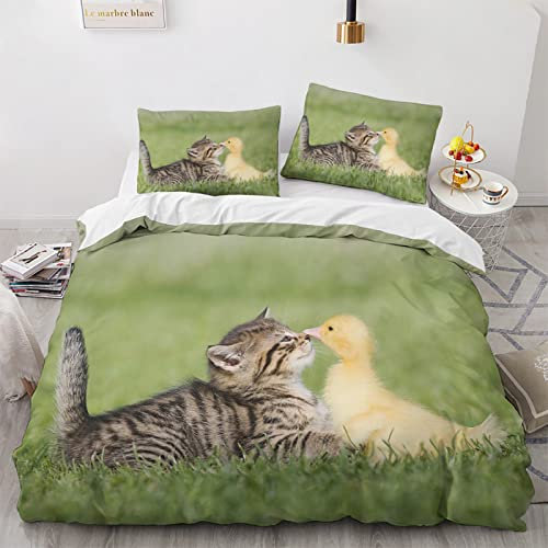 TAKOLI Bettwäsche 135x200 3D Katze Und Ente, Weiche Microfaser Bettwäsche Set 2 teilig, 1 Bettbezug 135x200 & 1 Kissenbezüg 80x80, mit Reißverschluss