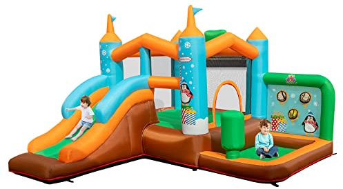 RELAX4LIFE Castello Gonfiabile 3 Bambini 3-12 Anni con Scivolo Parco Giochi Gonfiabile Pinguino con Colonna di Boxe, Grande Area di Salto, Pallacanestro 335 x 300 x 200 cm (Senza soffiatore)