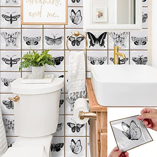 Alwayspon 10Pcs 15cm/6inch Black and White Tile Butterfly Tile Sticker, 0.6mm Thicken Peel & Stick Self-Adhesive Splashback Stairs Tile Sticker Transfers, Stick on Tile for Kitchen Bathroom Wall