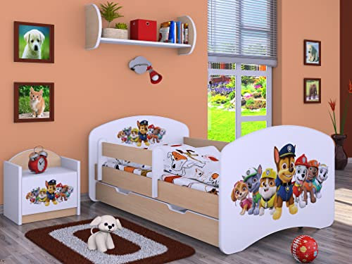BDW Kinderbett Super Hunde - Babybett mit Matratze und Schublade - Bequem und Langlebig Rausfallschutz Bett - Kinderzimmer - Leichte Birne (Motiv 3) - 180x90